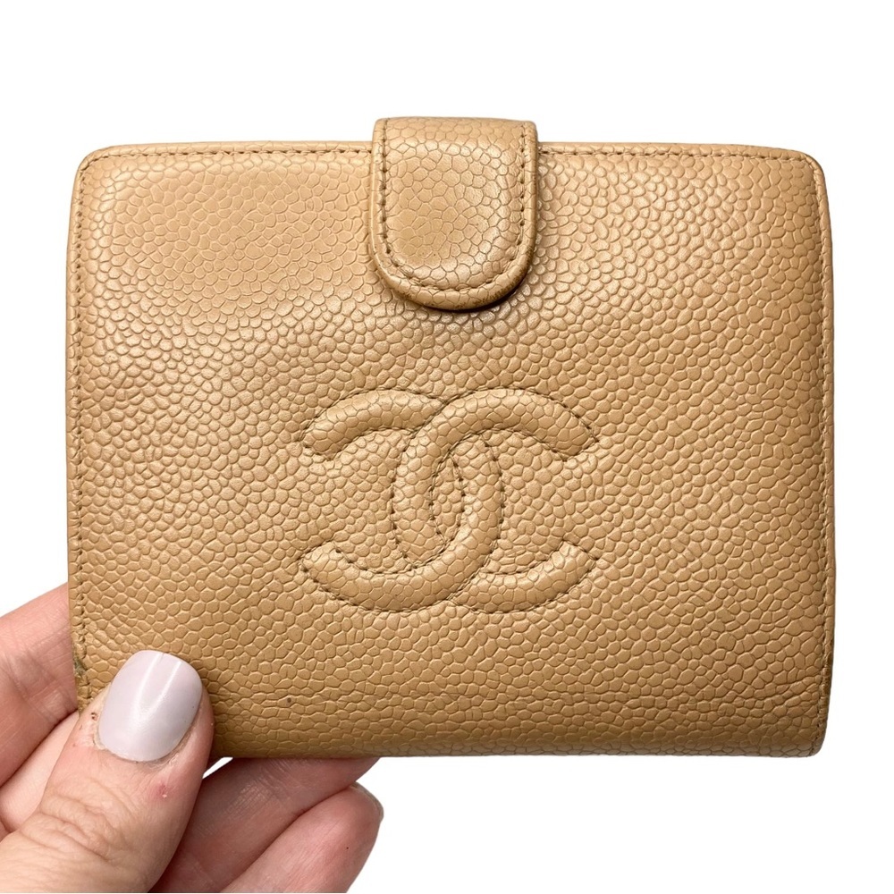 CHANEL Beige Pebbled Leather Bi-Fold Wallet